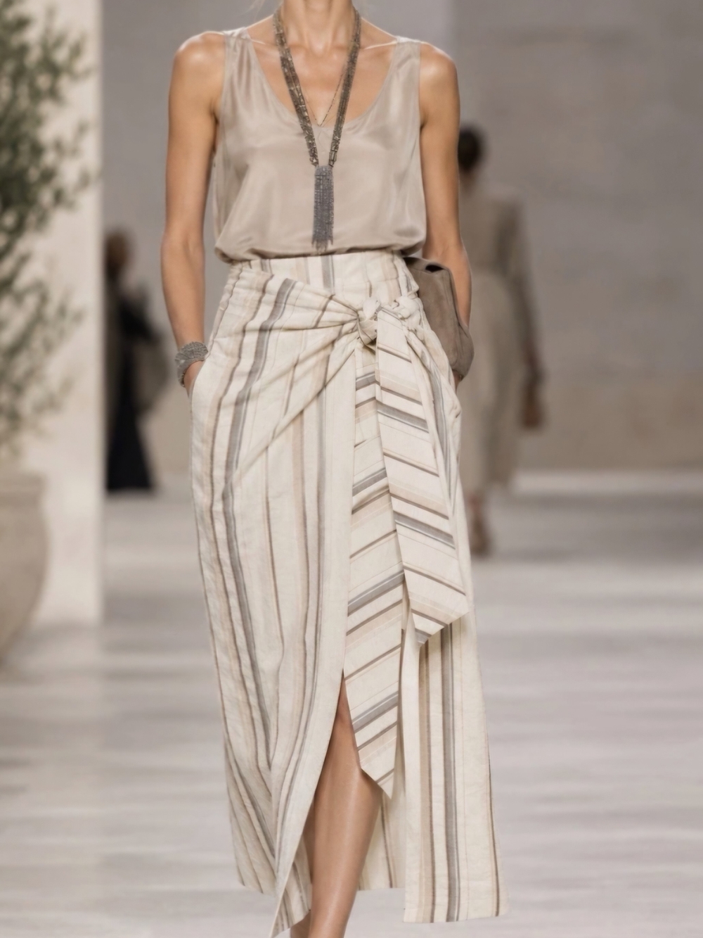 Brunello Cucinelli Beige and Cream Striped Wrap Maxi Skirt
